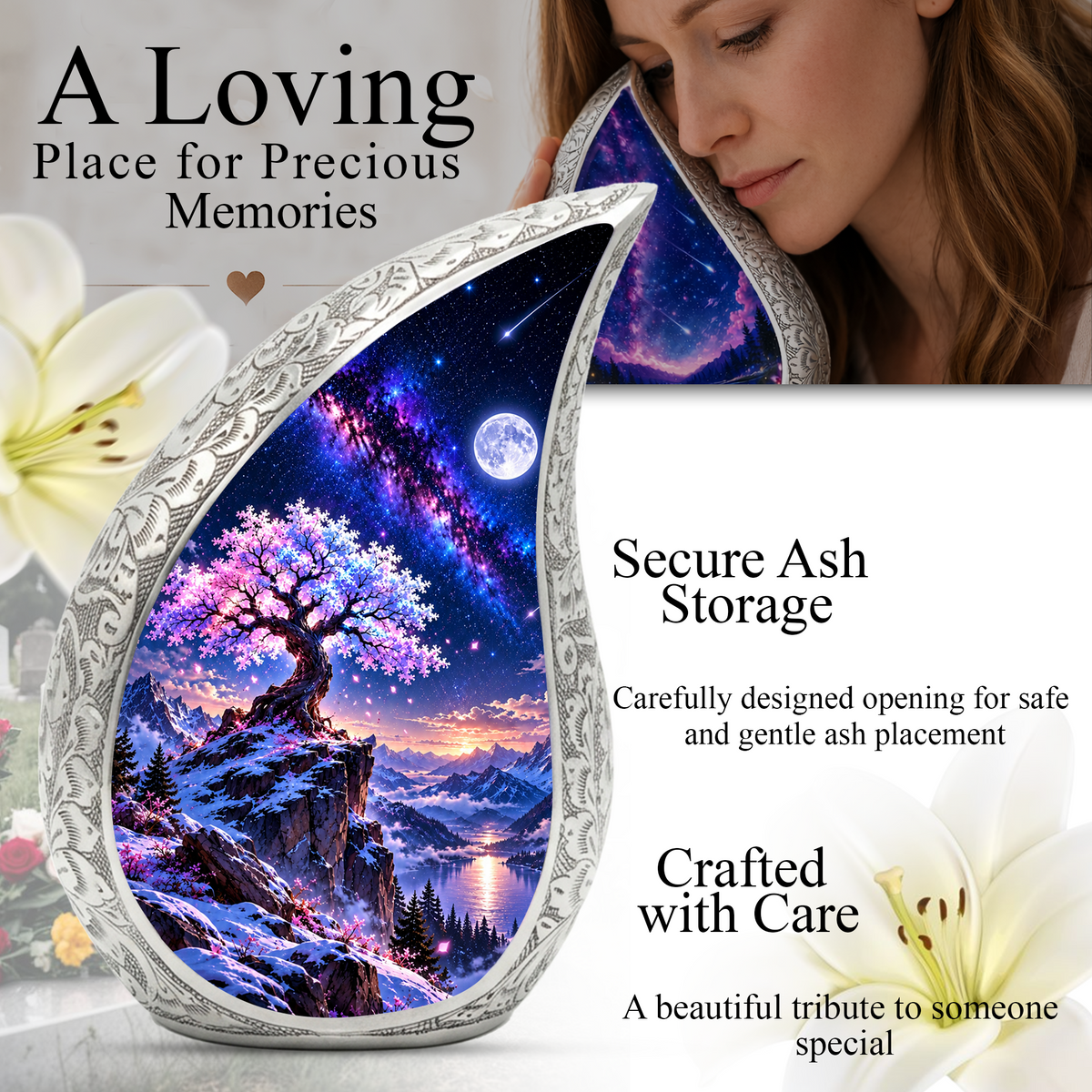 Tree of Life Urn for Ashes, Pink Blossom Tree Cremation Urn