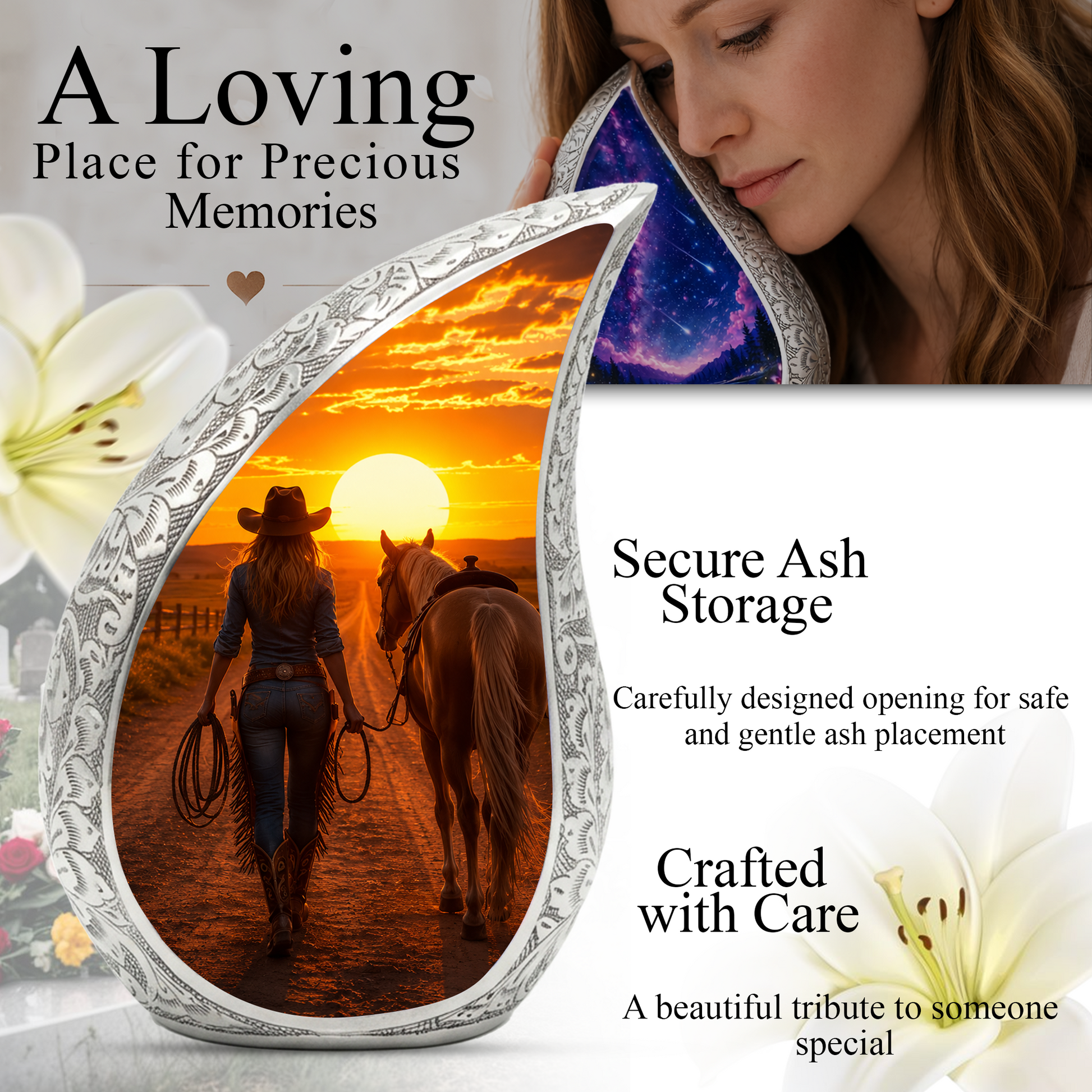 Cowgirl Sunset Urn for Mom – Western Horse Cremation Urn for Human Ashes