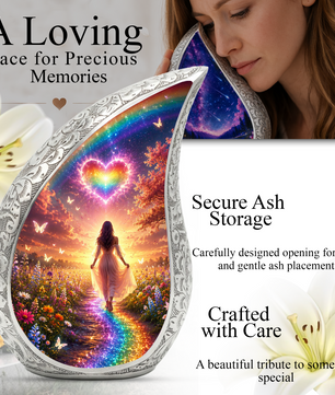 Women Rainbow Heart Urn for Human Ashes – Beautiful Colorful Cremation Urn for Mom