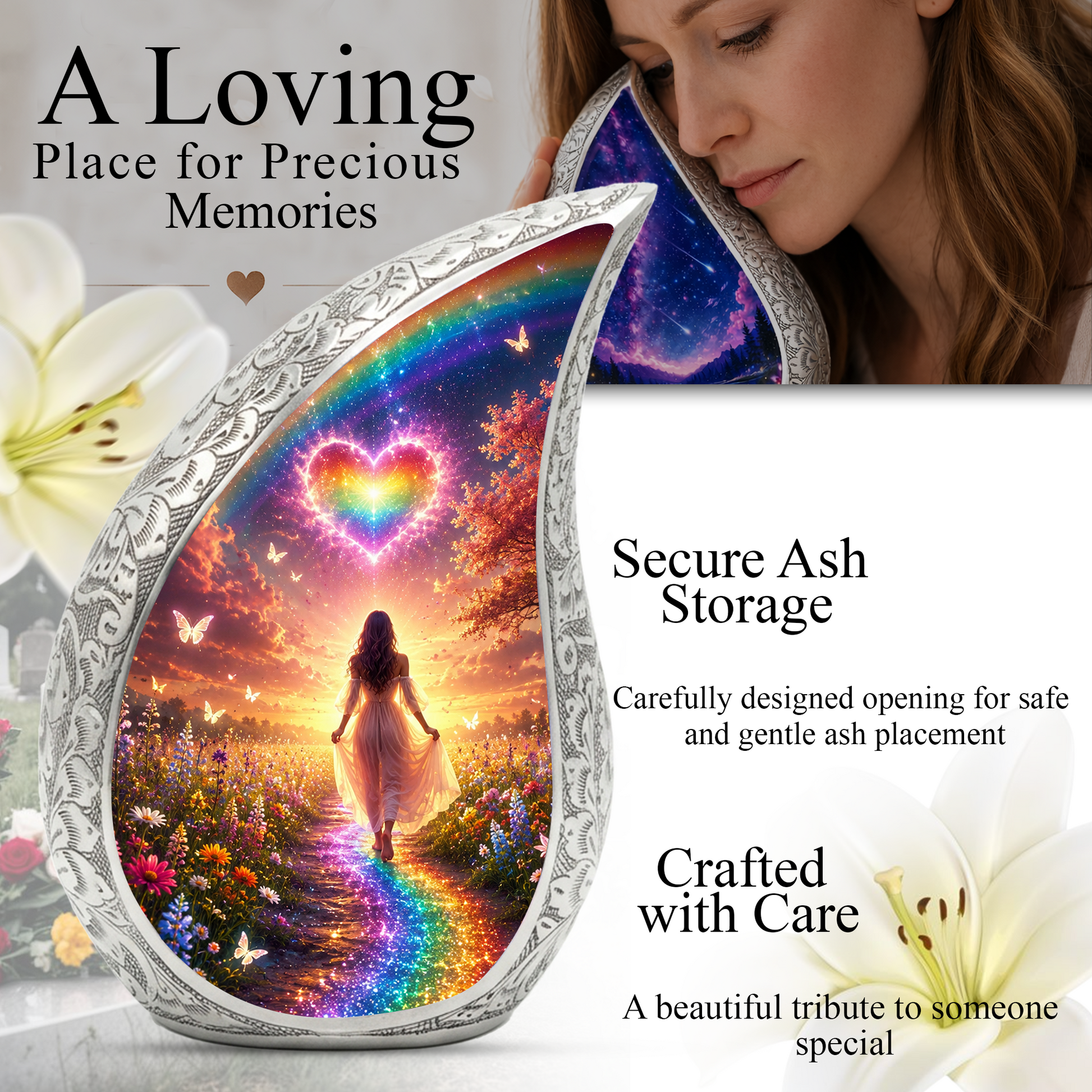 Women Rainbow Heart Urn for Human Ashes – Beautiful Colorful Cremation Urn for Mom