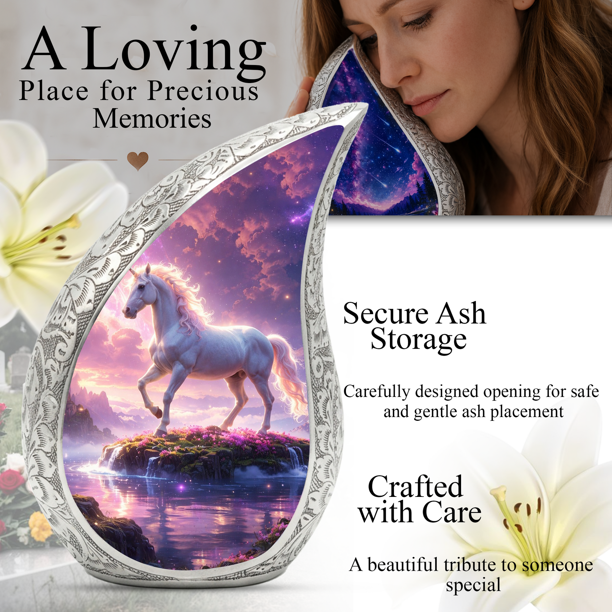 Majestic Horse Personalized Cremation Urn – Teardrop Style Aluminum Memorial Urn, 10 Inch