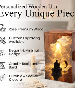 Fishing in Heaven Wooden Cremation Urn – Personalized Memorial Urn for Human Ashes