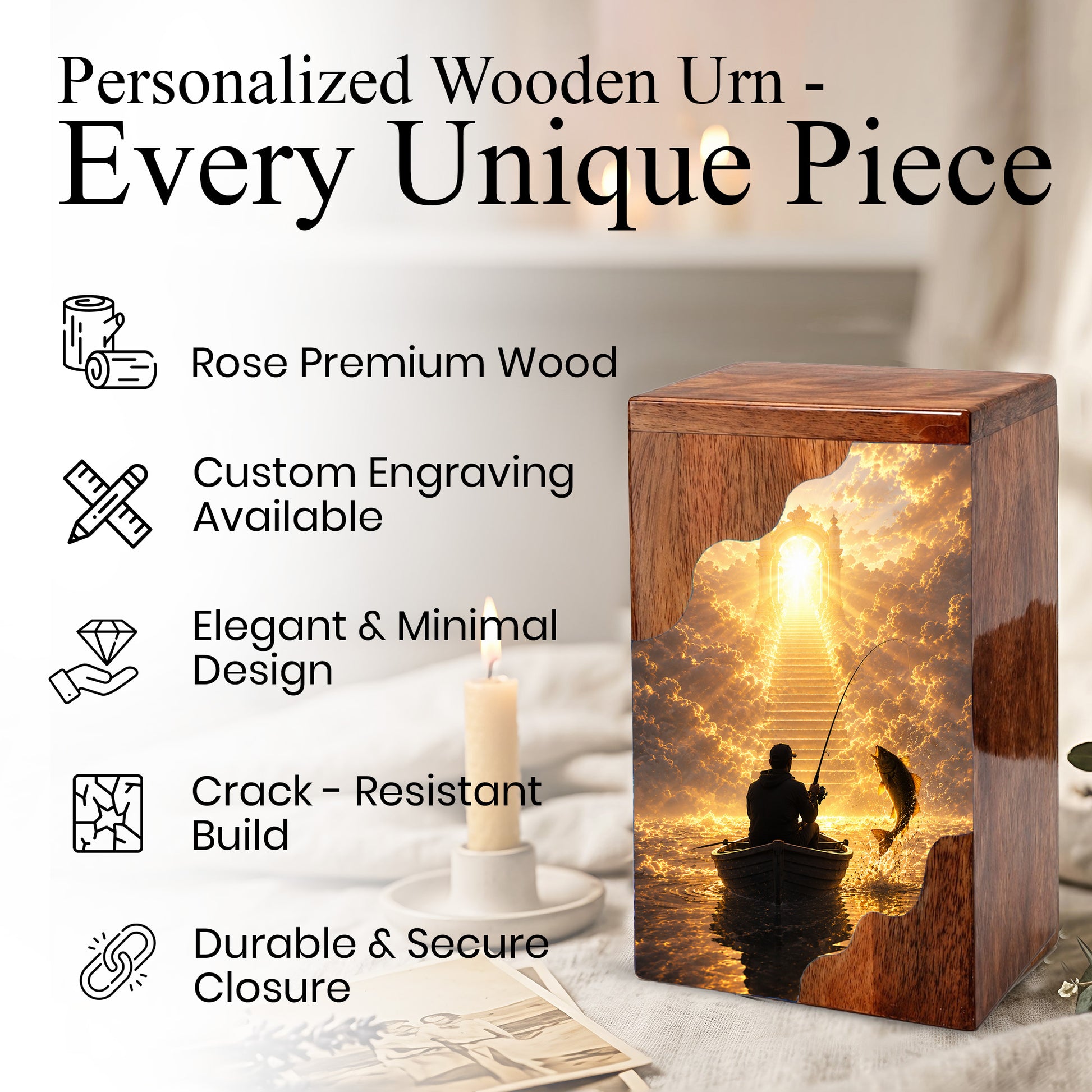 Fishing in Heaven Wooden Cremation Urn – Personalized Memorial Urn for Human Ashes