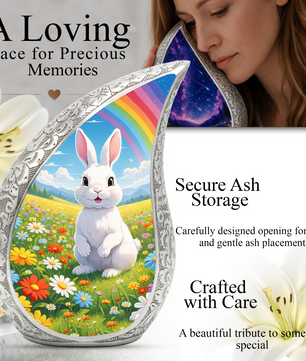 Personalized Rabbit Cremation Urn – Rainbow Meadow Teardrop Memorial Urn, 10 Inch Aluminum