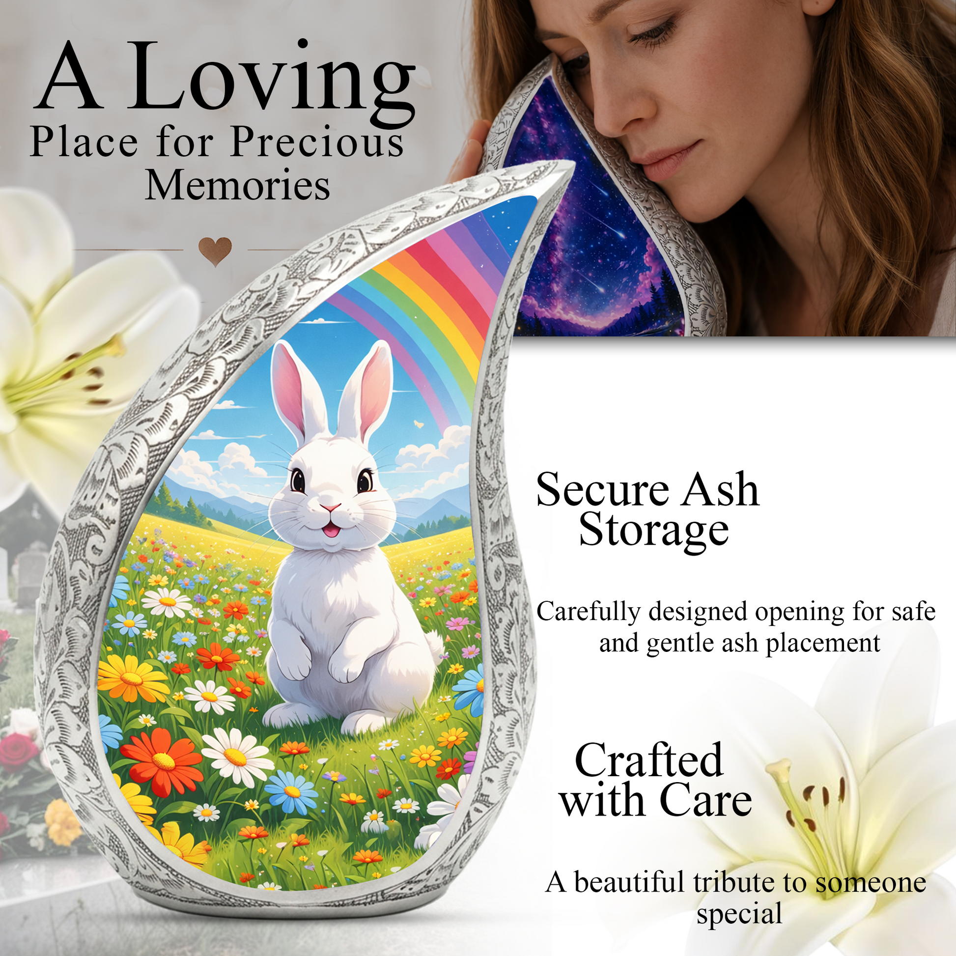 Personalized Rabbit Cremation Urn – Rainbow Meadow Teardrop Memorial Urn, 10 Inch Aluminum