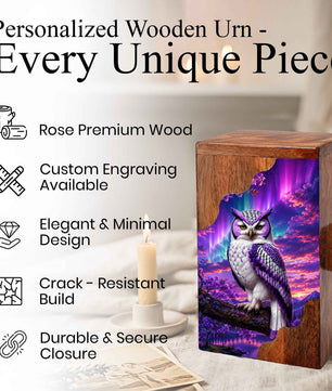 Purple Owl Wooden Cremation Urn – Aurora Memorial Urn
