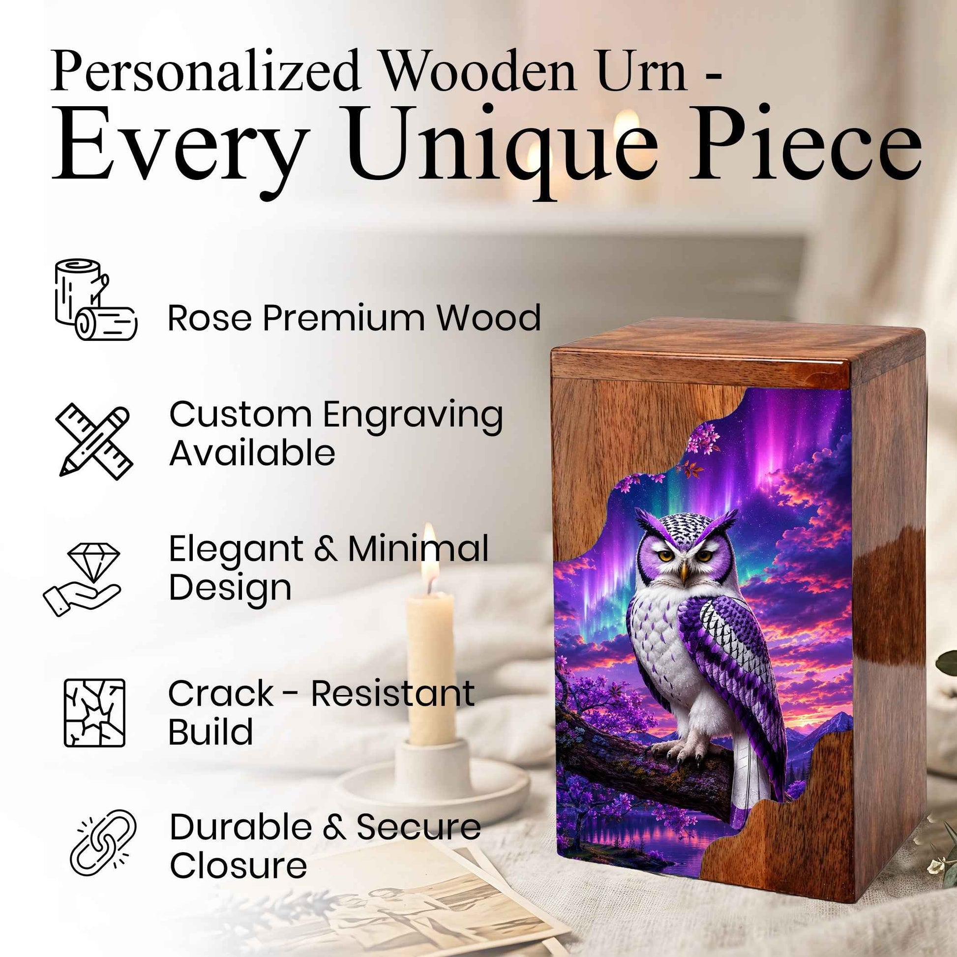 Purple Owl Wooden Cremation Urn – Aurora Memorial Urn