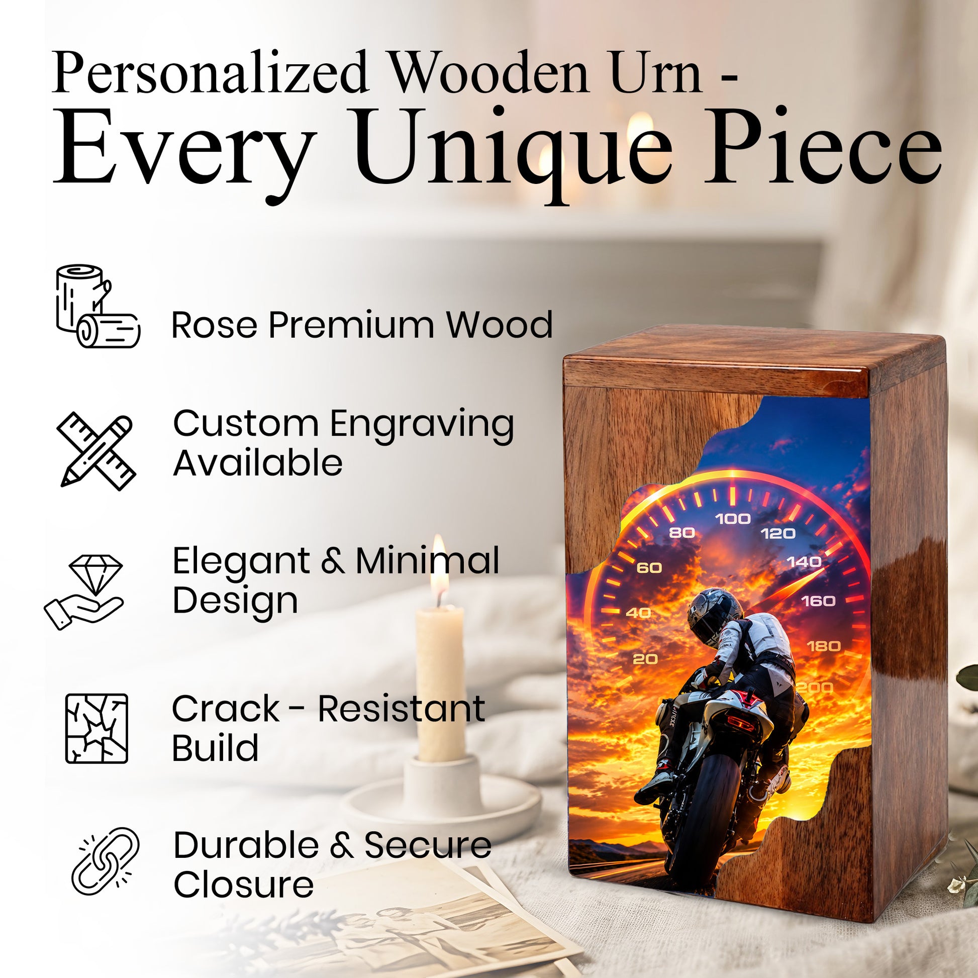 Motorcycle Wooden Cremation Urn – Rider Memorial Urn for Human Ashes