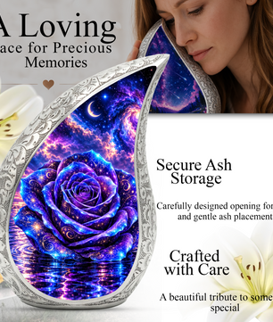 Purple Rose Cremation Urn for Adult Ashes, Celestial Floral Memorial Urn, Decorative Adult Cremation Urn with Blue Velvet Bag