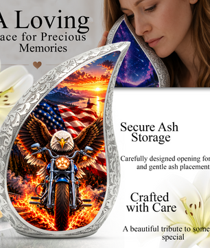 Patriotic Eagle Motorcycle Urn for Human Ashes, American Flag Adult Cremation Urn