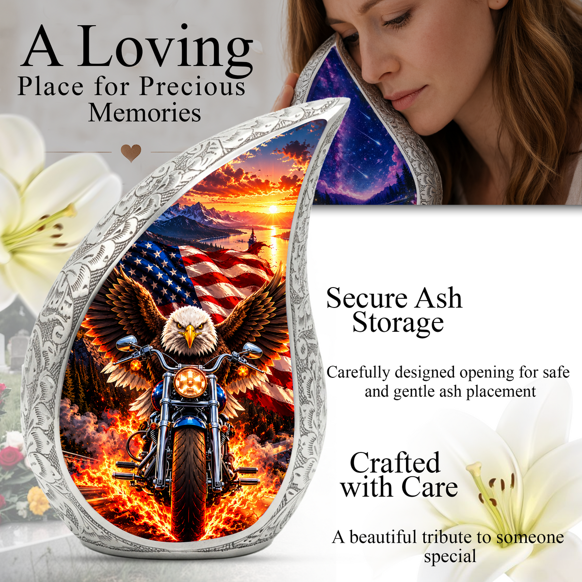 Patriotic Eagle Motorcycle Urn for Human Ashes, American Flag Adult Cremation Urn