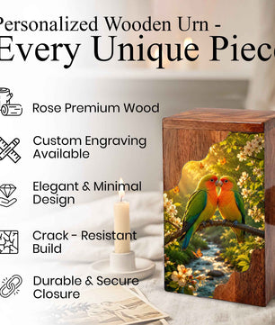 Wooden Cremation Urn for Human Ashes | Love Birds Memorial Urn