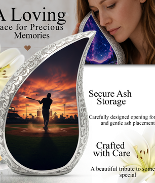 Baseball Player Memorial Urn | Personalized Cremation Urn for Dad | Sunset Baseball Memorial for Ashes