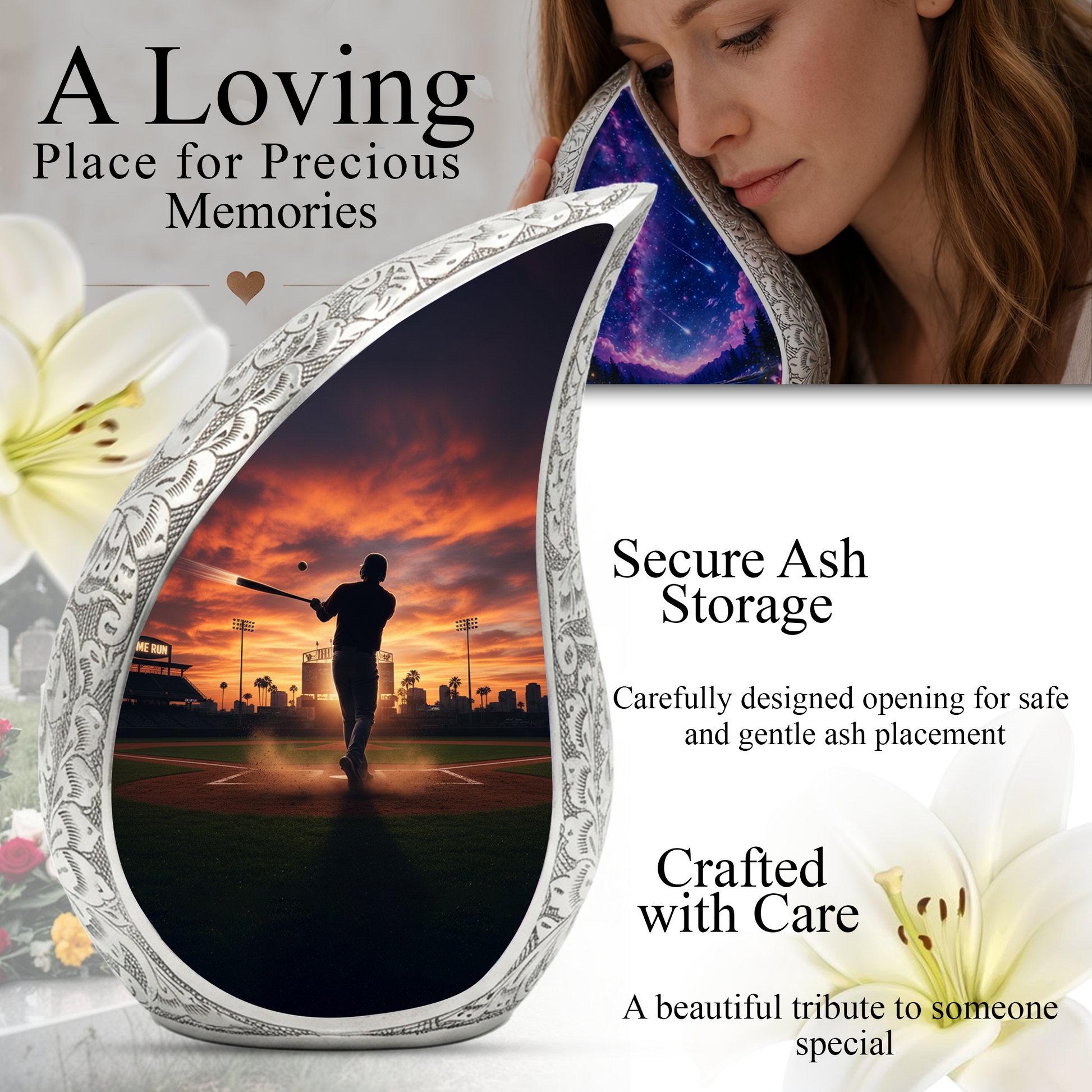 Baseball Player Memorial Urn | Personalized Cremation Urn for Dad | Sunset Baseball Memorial for Ashes