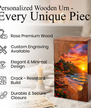 Tropical Beach Wooden Cremation Urn – Wooden Urn for Human Ashes |