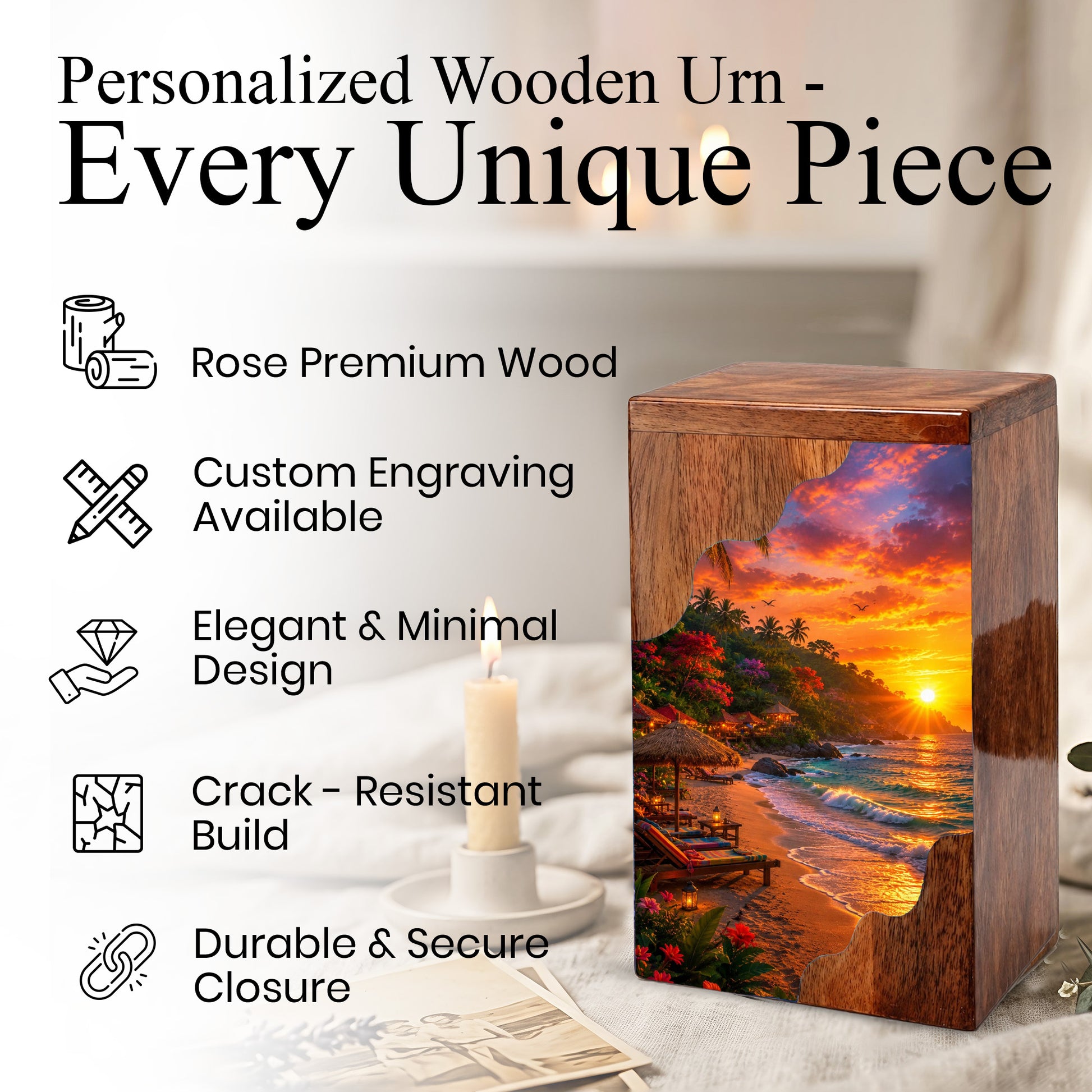 Tropical Beach Wooden Cremation Urn – Wooden Urn for Human Ashes |
