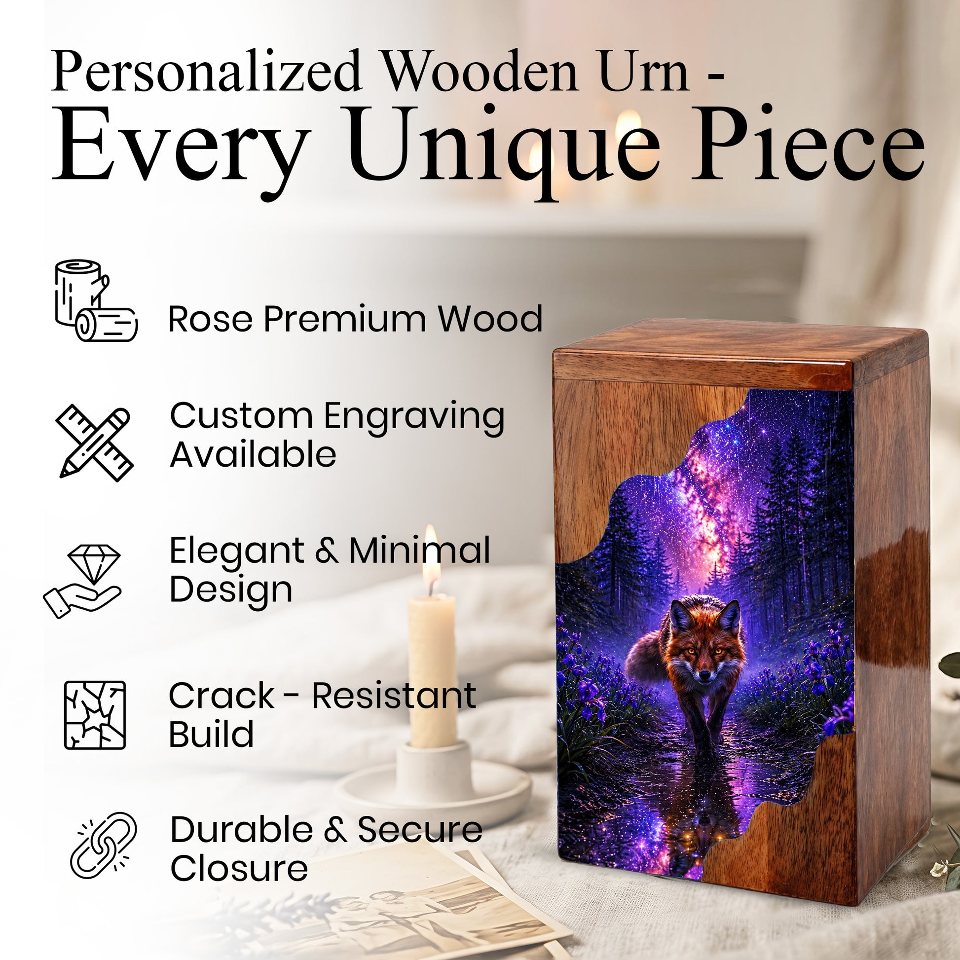 Wooden Cremation Urn for Human Ashes, Fox Memorial Urn