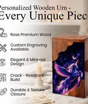 Celestial Pegasus Unicorn Wooden Cremation Urn – Personalized Memorial Urn for Human Ashes