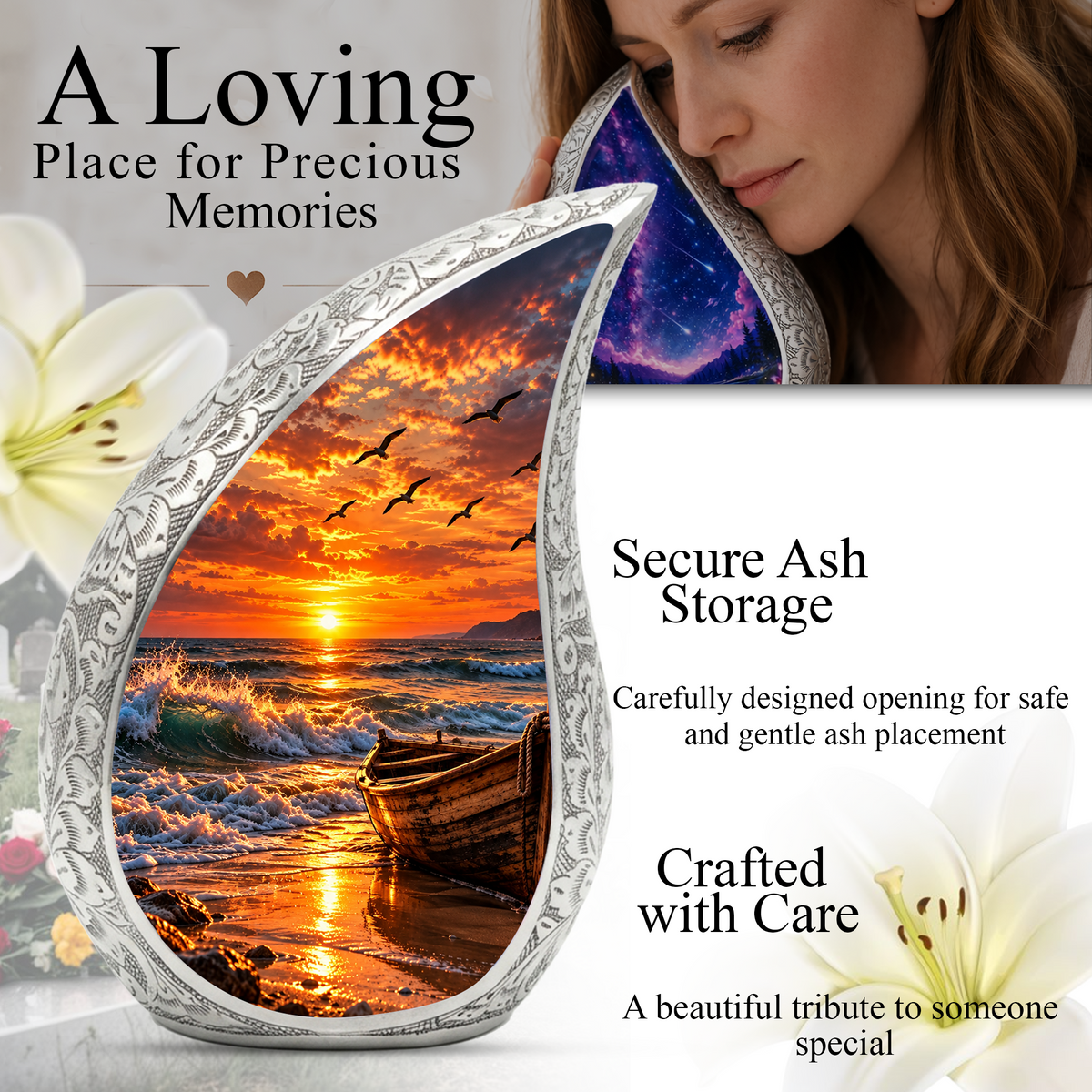 Ocean Sunset Cremation Urn for Adult Ashes, Beach Memorial keepsake Urn