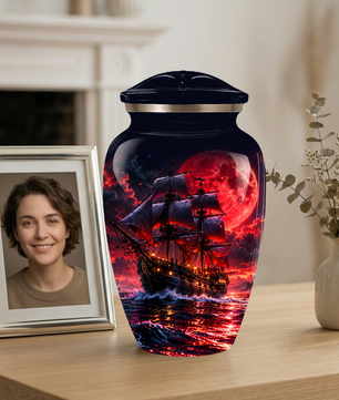 Personalized Adult Cremation Urn for Ashes, Custom Pirate Ship Red Moon Memorial Urn, Nautical Cremation Urn