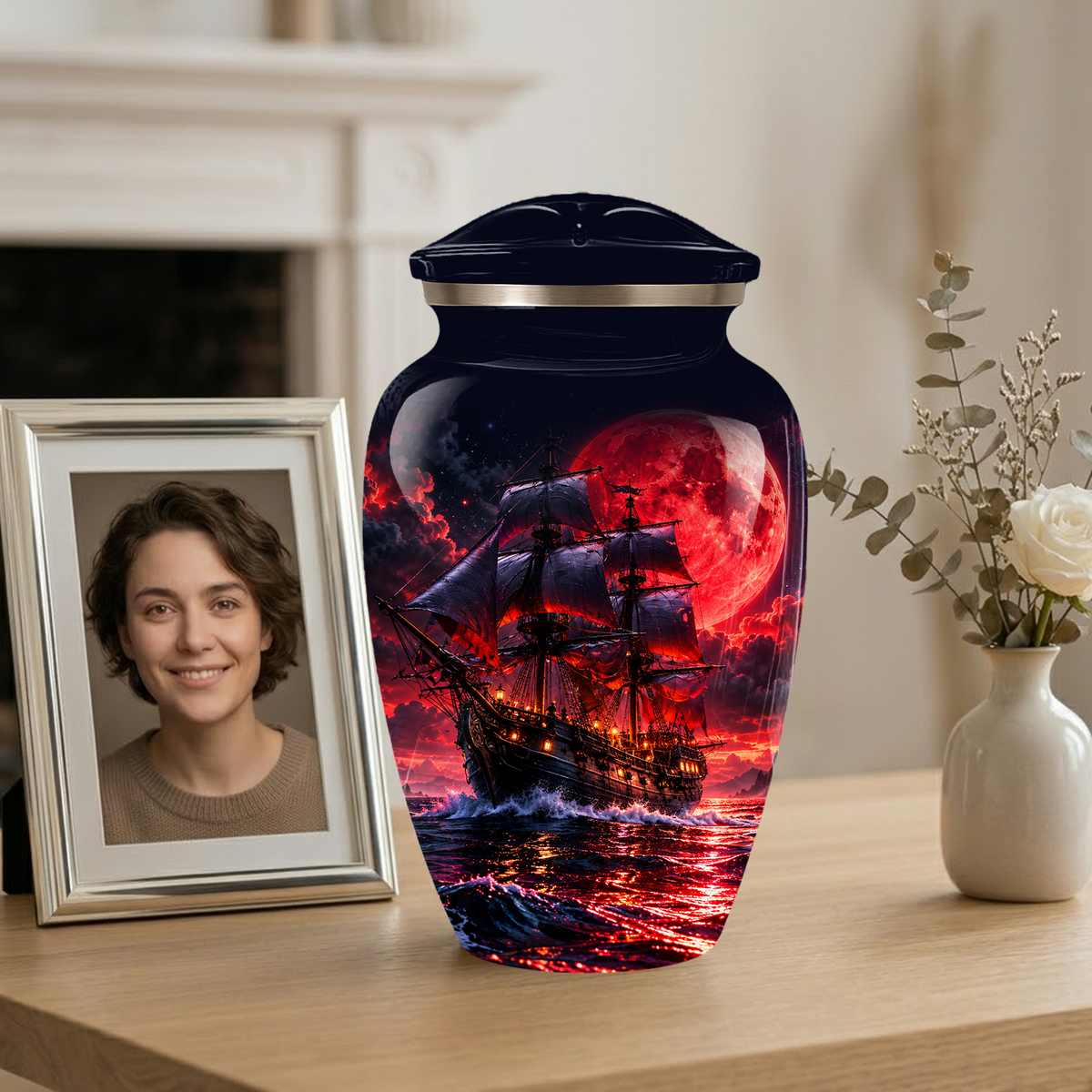 Personalized Adult Cremation Urn for Ashes, Custom Pirate Ship Red Moon Memorial Urn, Nautical Cremation Urn