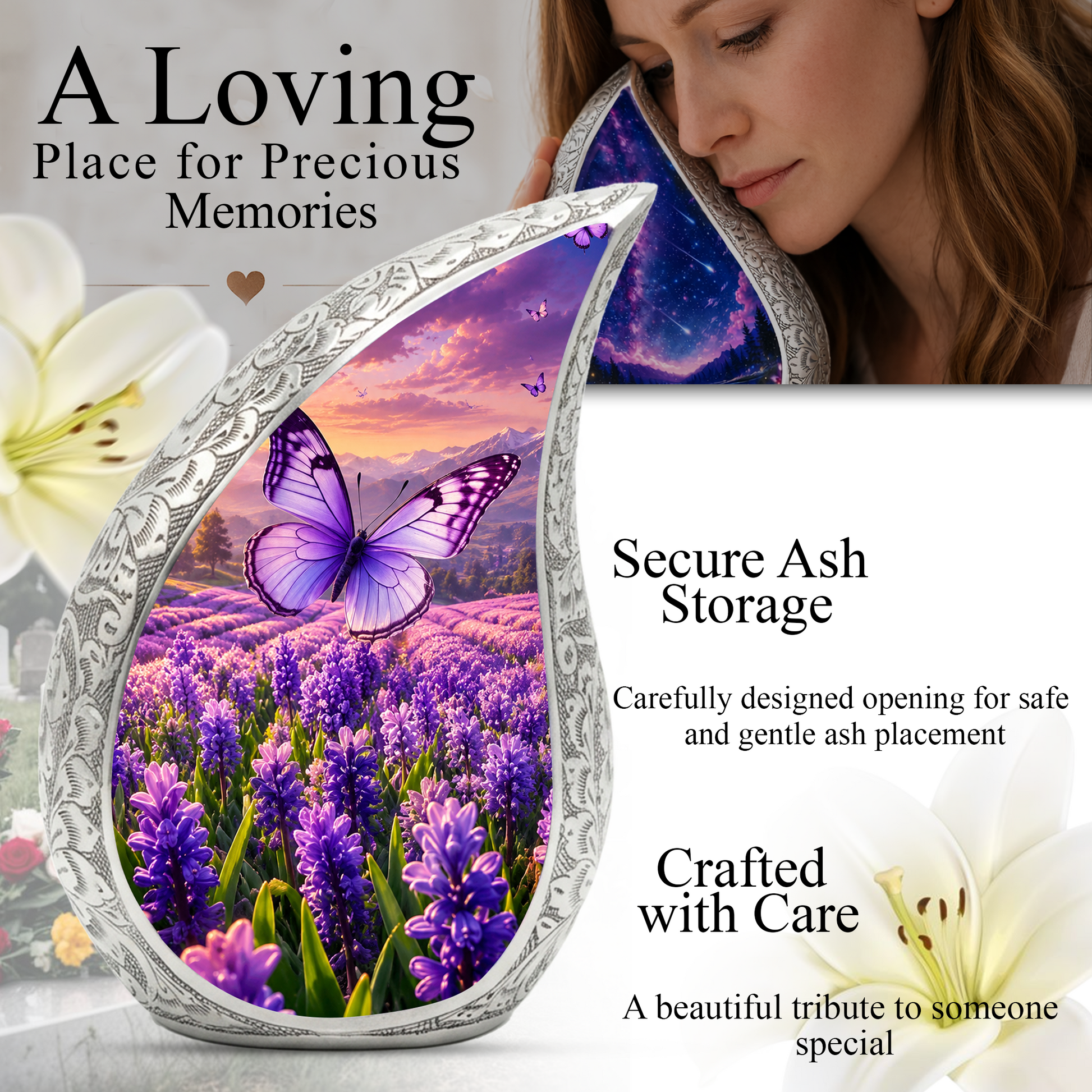 Butterfly Urn for Human Ashes | Purple Floral Butterfly Cremation Urn| Beautiful Butterfly Memorial Urn for Adult Ashes