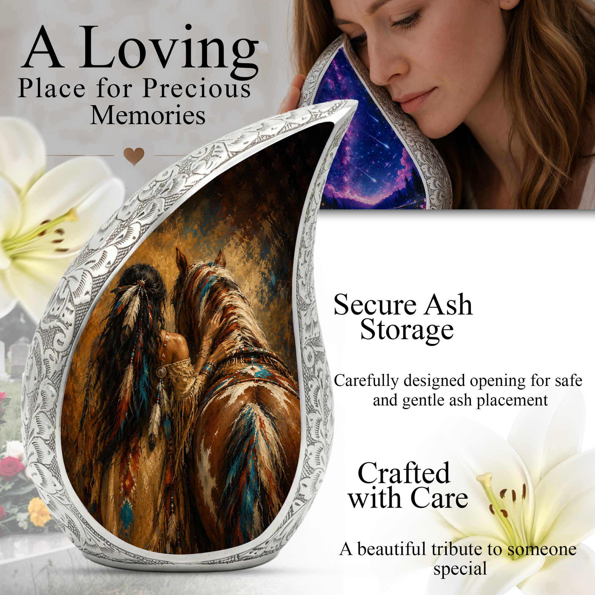 Native American Horse Memorial Urn for Mom, Beautiful Cremation Urn for Women