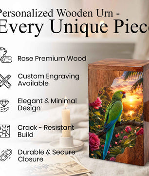 Tropical Parrot Wooden Cremation Urn – Personalized Memorial Urn for Human Ashes