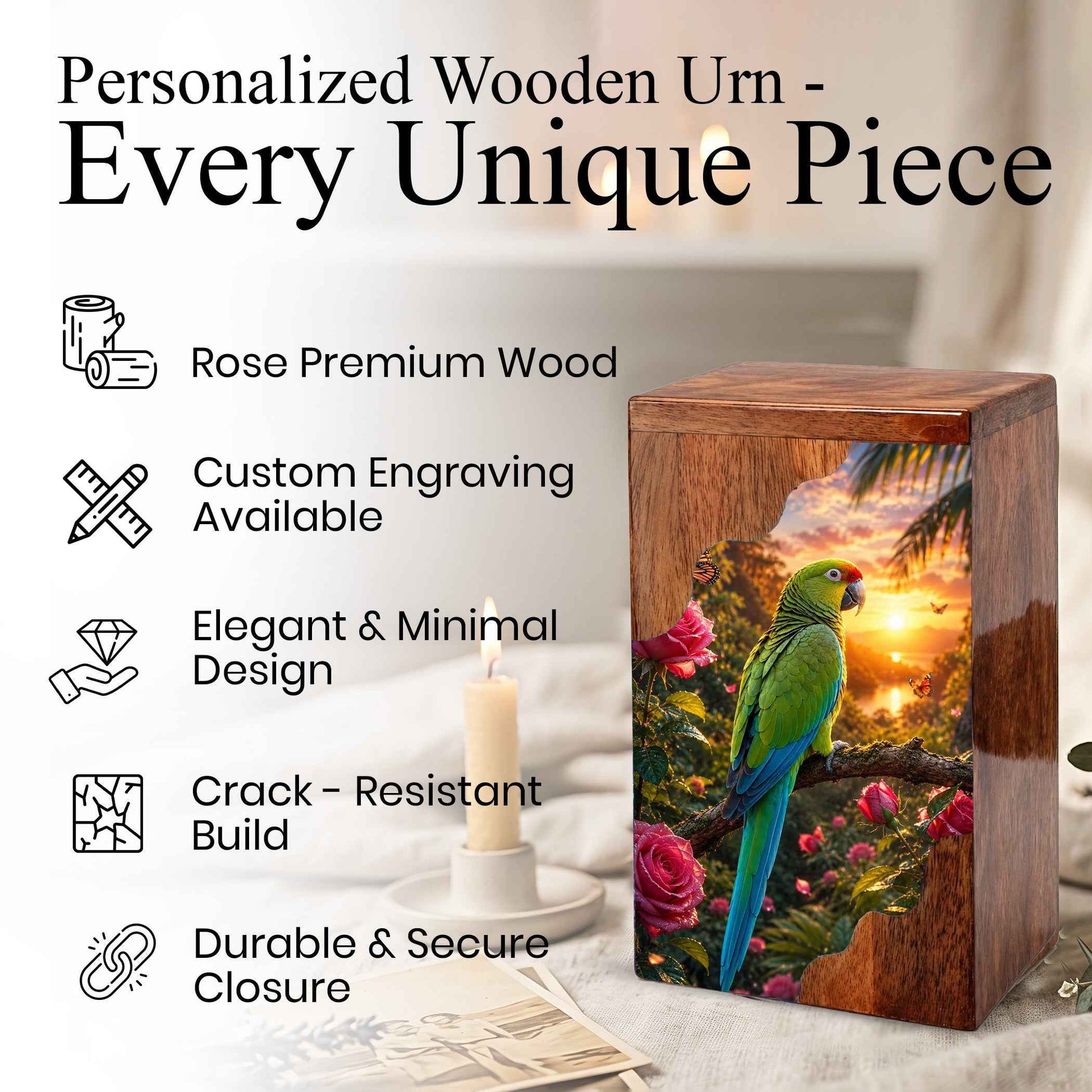 Tropical Parrot Wooden Cremation Urn – Personalized Memorial Urn for Human Ashes