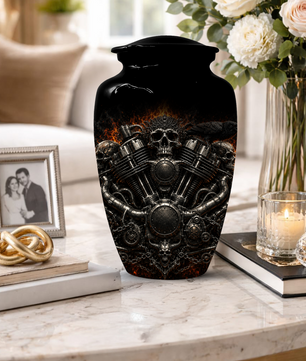 Skull Biker Urn for Ashes -  Personalized Motorcycle Memorial for Dad
