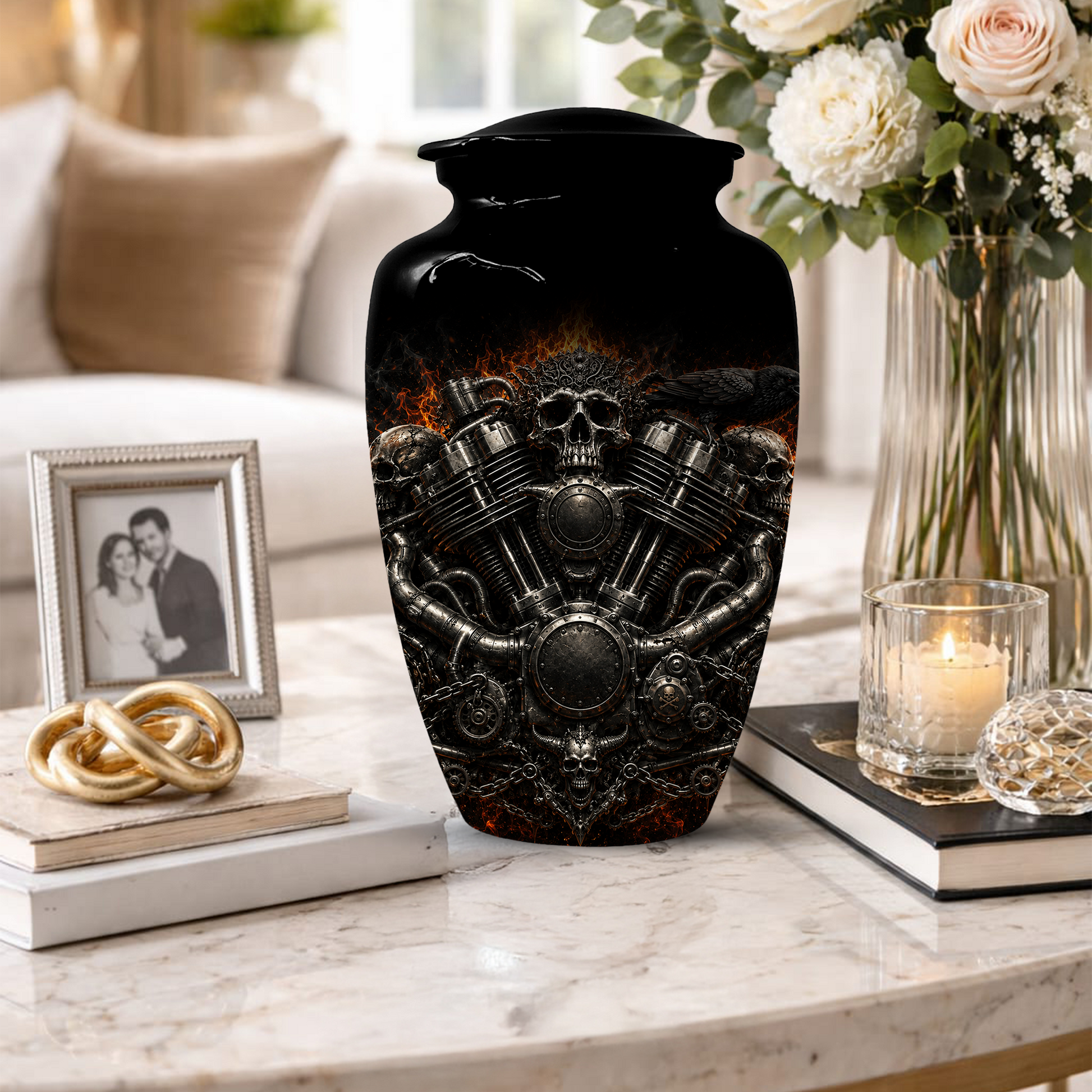 Skull Biker Urn for Ashes -  Personalized Motorcycle Memorial for Dad