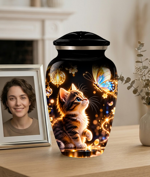 Kitten and Butterfly Cremation Urn for Adult Ashes, Personalized Cat Memorial Urn