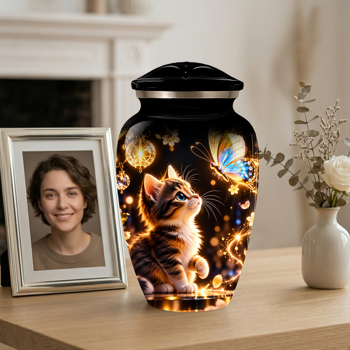Kitten and Butterfly Cremation Urn for Adult Ashes, Personalized Cat Memorial Urn