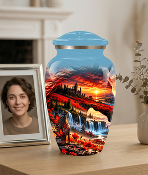 Personalized Fantasy Cremation Urn for Ashes, Red Butterfly Castle Memorial Urn, Custom Adult Urn