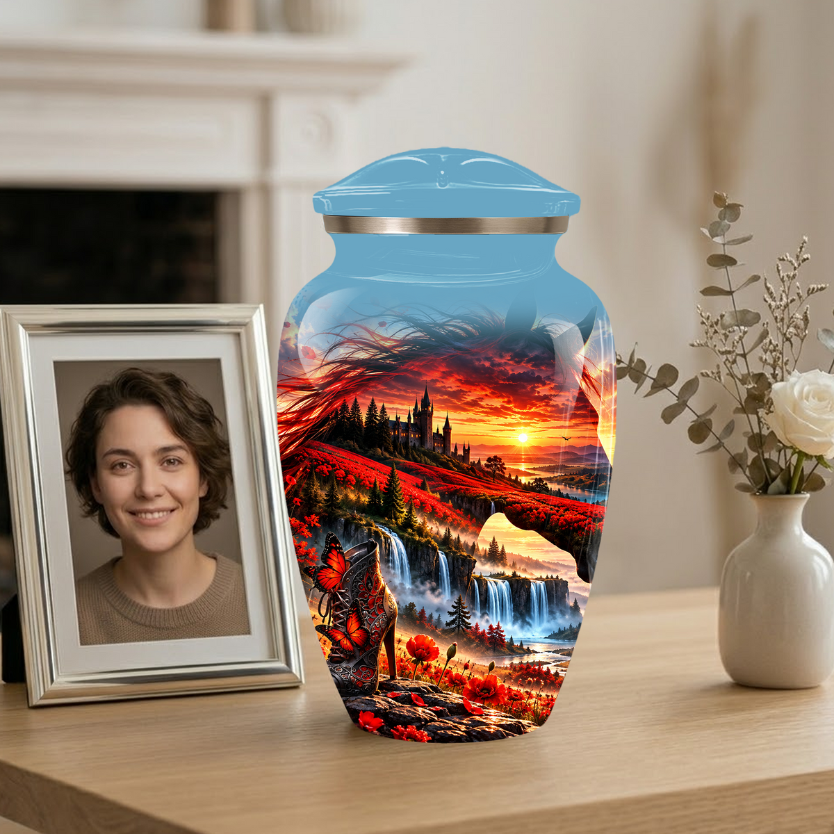 Personalized Fantasy Cremation Urn for Ashes, Red Butterfly Castle Memorial Urn, Custom Adult Urn
