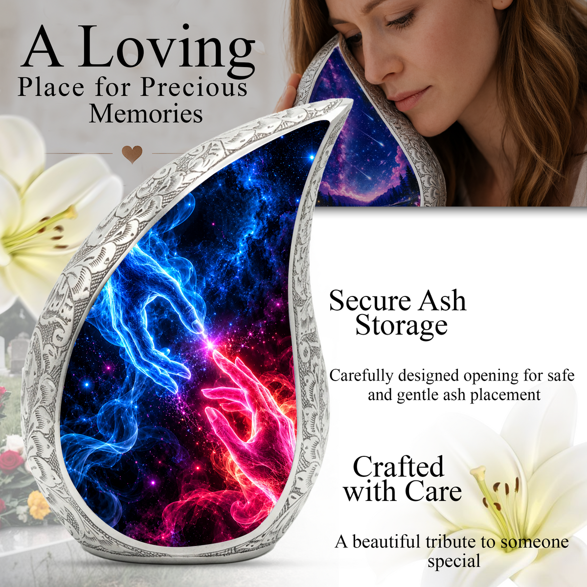 Cosmic Connection Cremation Urn for Ashes, Celestial Hands Adult Memorial Urn