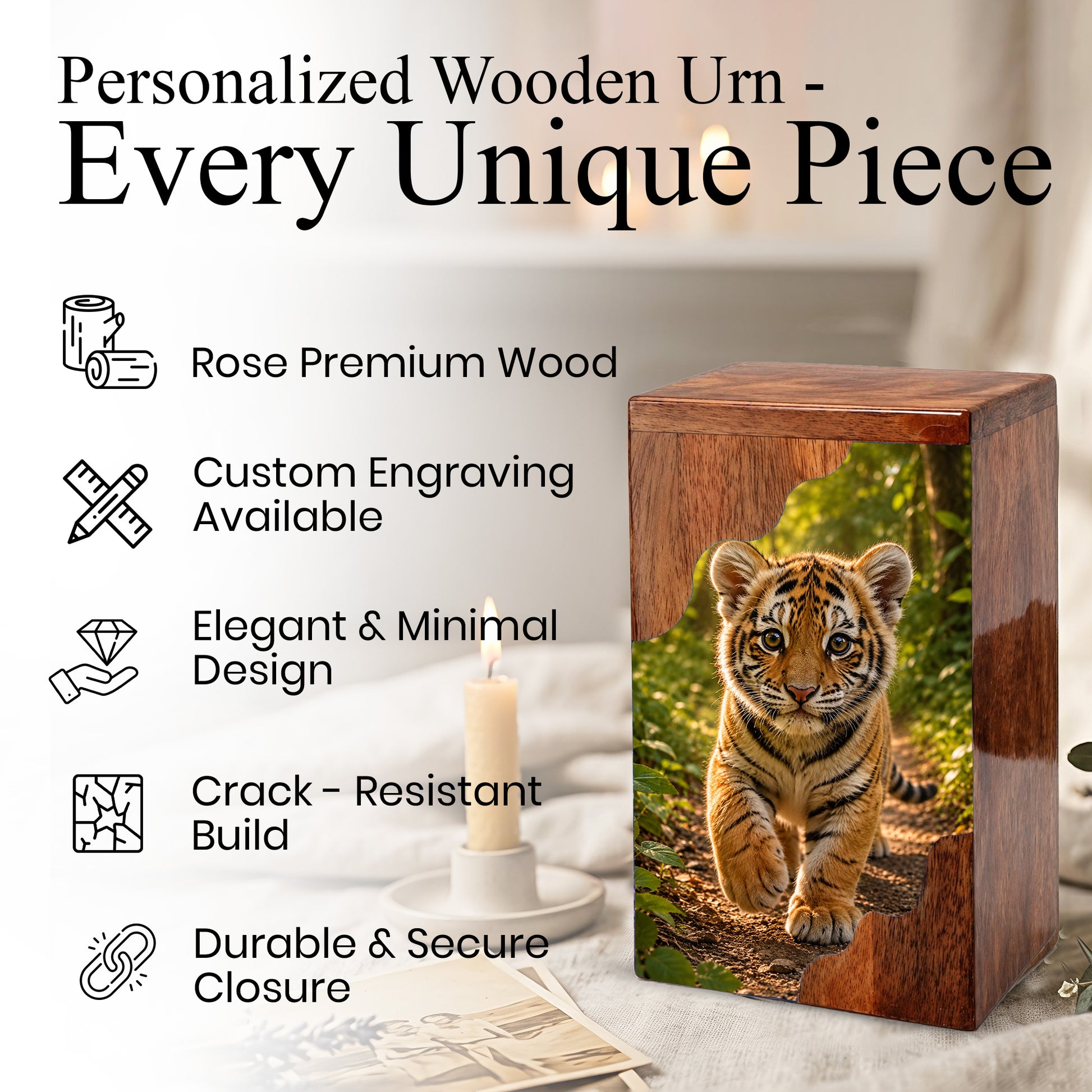 Tiger Wooden Cremation Urn – Strength & Courage Memorial Urn for Human Ashes