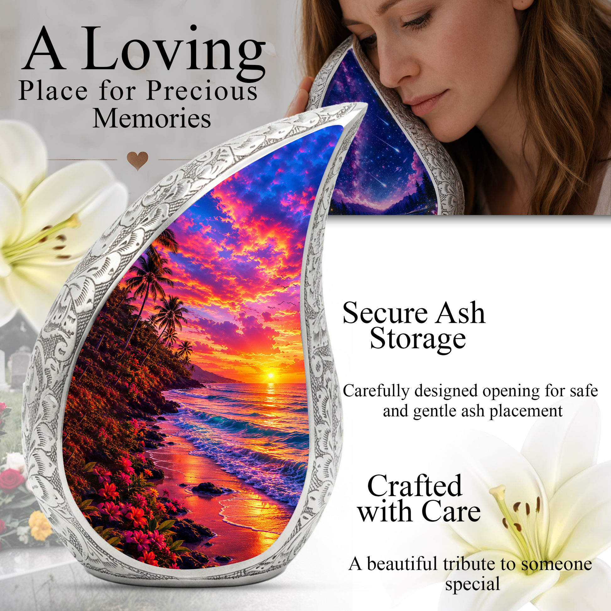 Beach Sunset Cremation Urn for Human Ashes – Ocean Wave Adult Memorial Urn, Beach Keepsake Urn for Mom, Women & Loved Ones