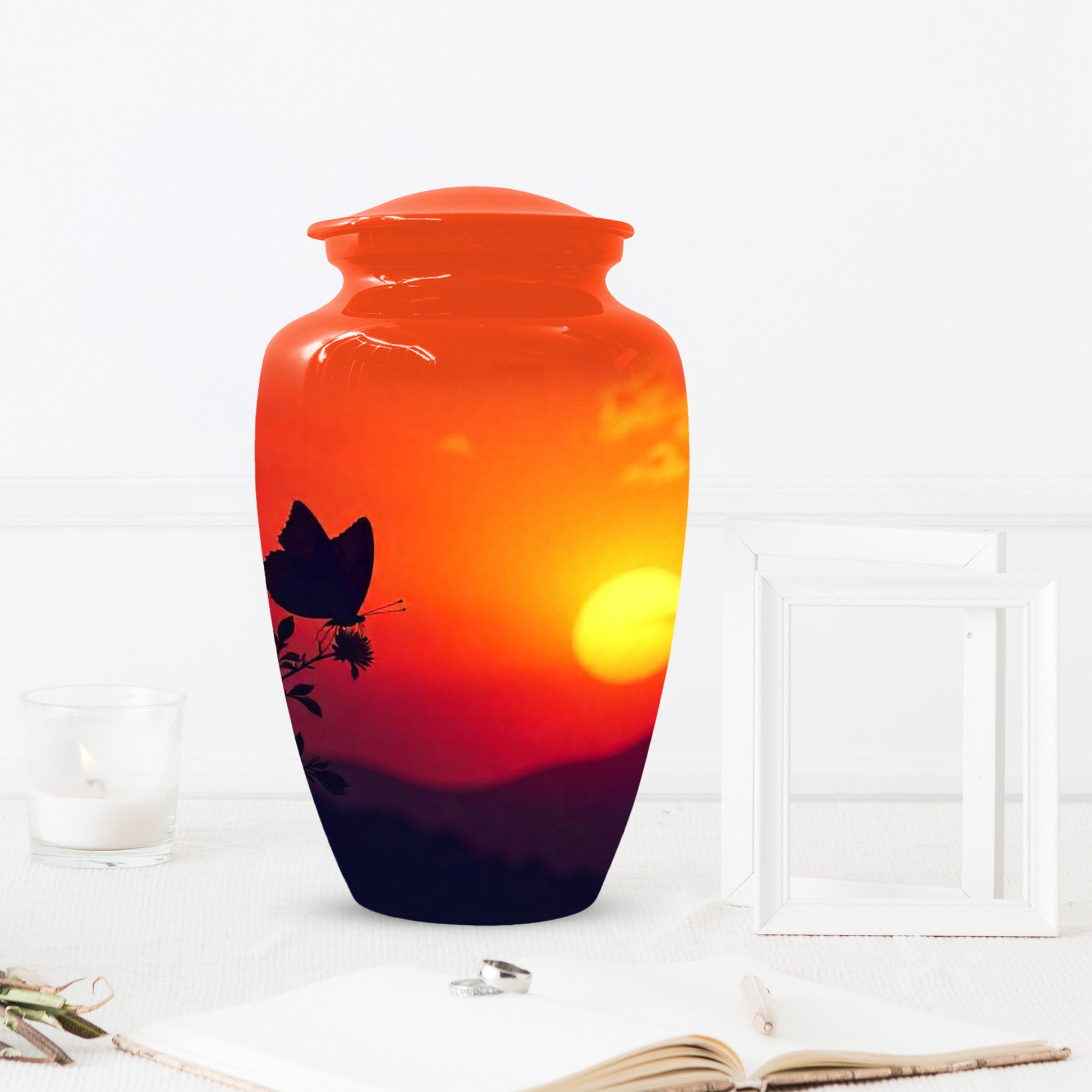 Butterfly Sunset Urn for Adult Ashes | Orange Sunset Butterfly Cremation Urn