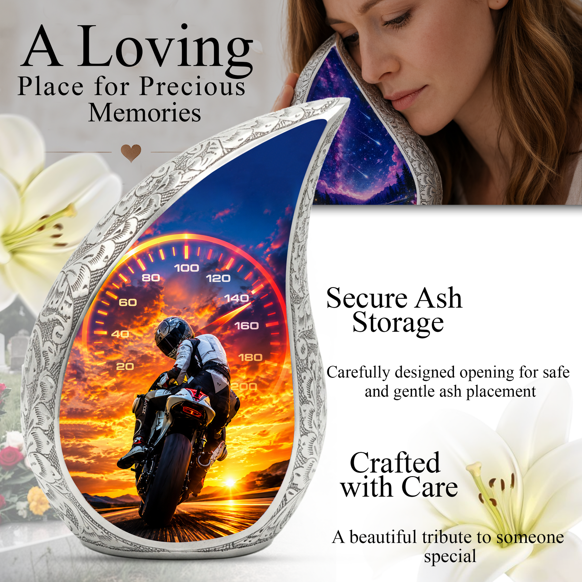 Motorcycle  Sunset Cremation Urn for Dad – Adult Urn for Ashes, Memorial Urn for Father