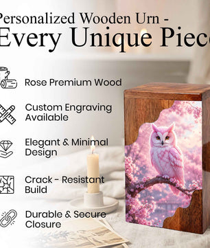 Pink Owl Wooden Cremation Urn – Cherry Blossom Memorial Urn