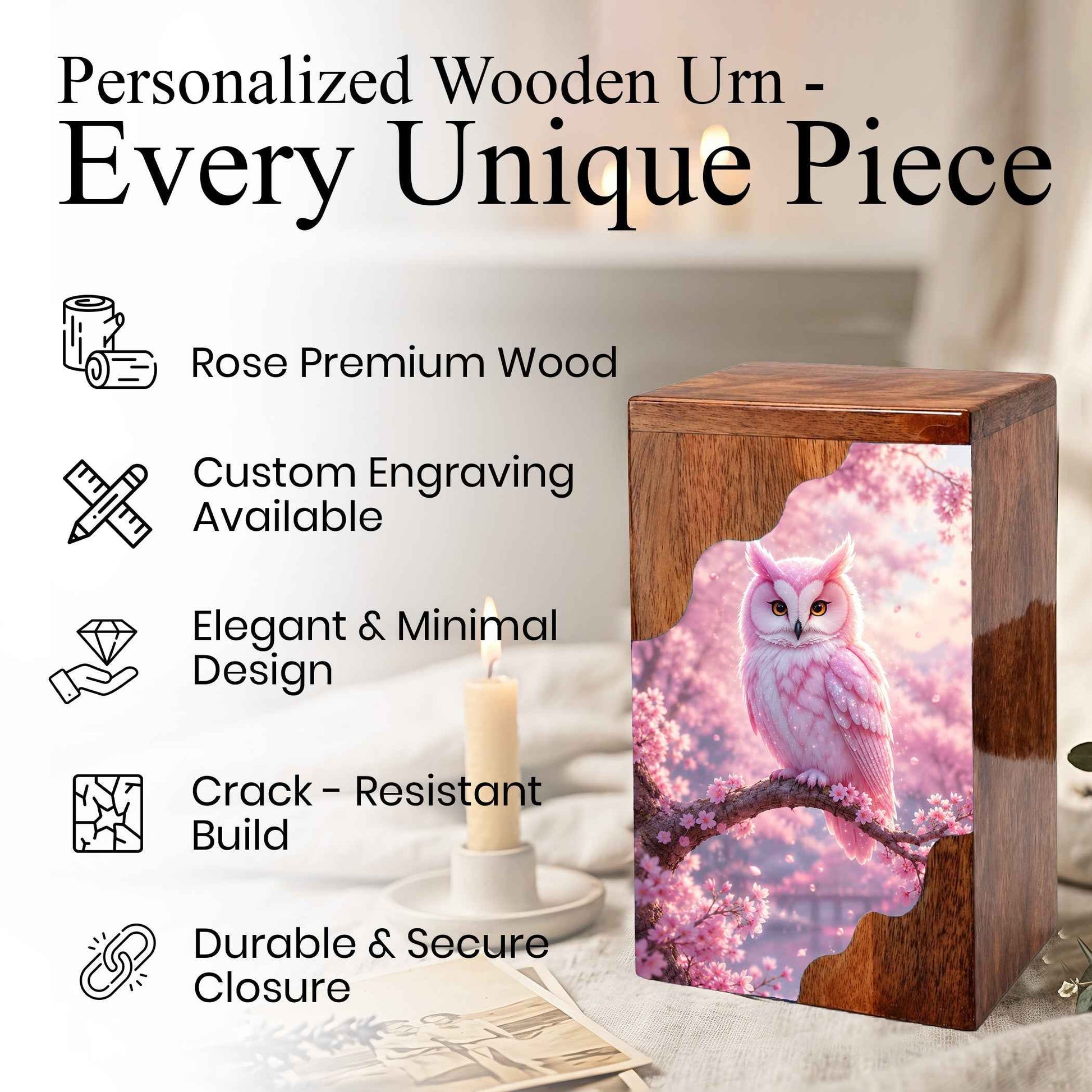 Pink Owl Wooden Cremation Urn – Cherry Blossom Memorial Urn