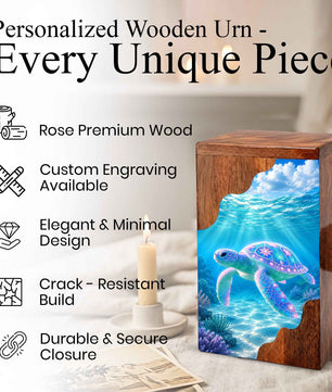Sea Turtle Wooden Cremation Urn – Ocean Memorial Urn for Human Ashes