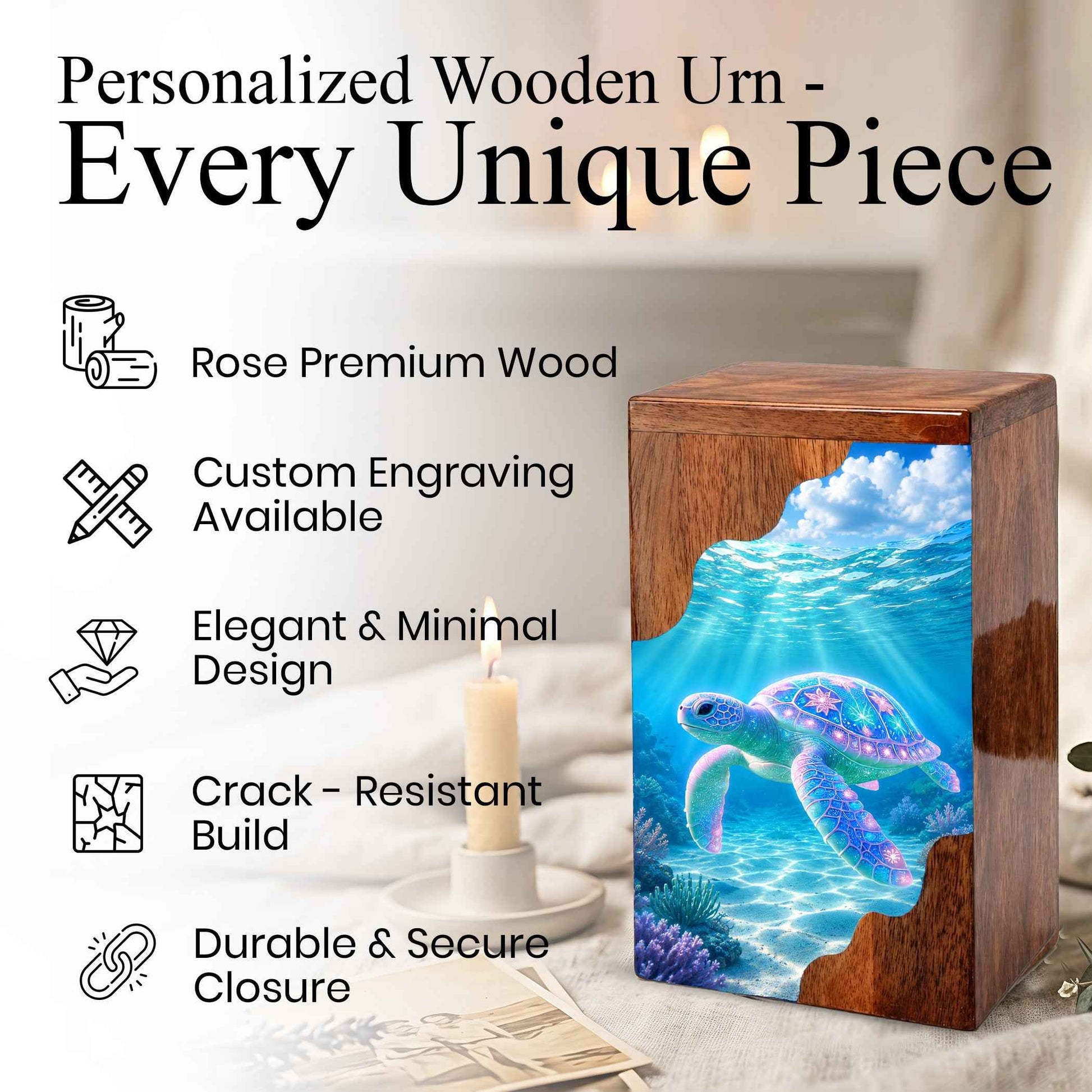 Sea Turtle Wooden Cremation Urn – Ocean Memorial Urn for Human Ashes