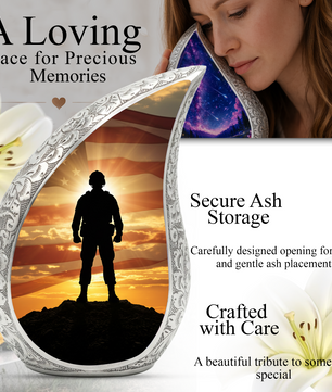 Patriotic Soldier Personalized Cremation Urn – Teardrop Style Aluminum Memorial Urn, 10 Inch