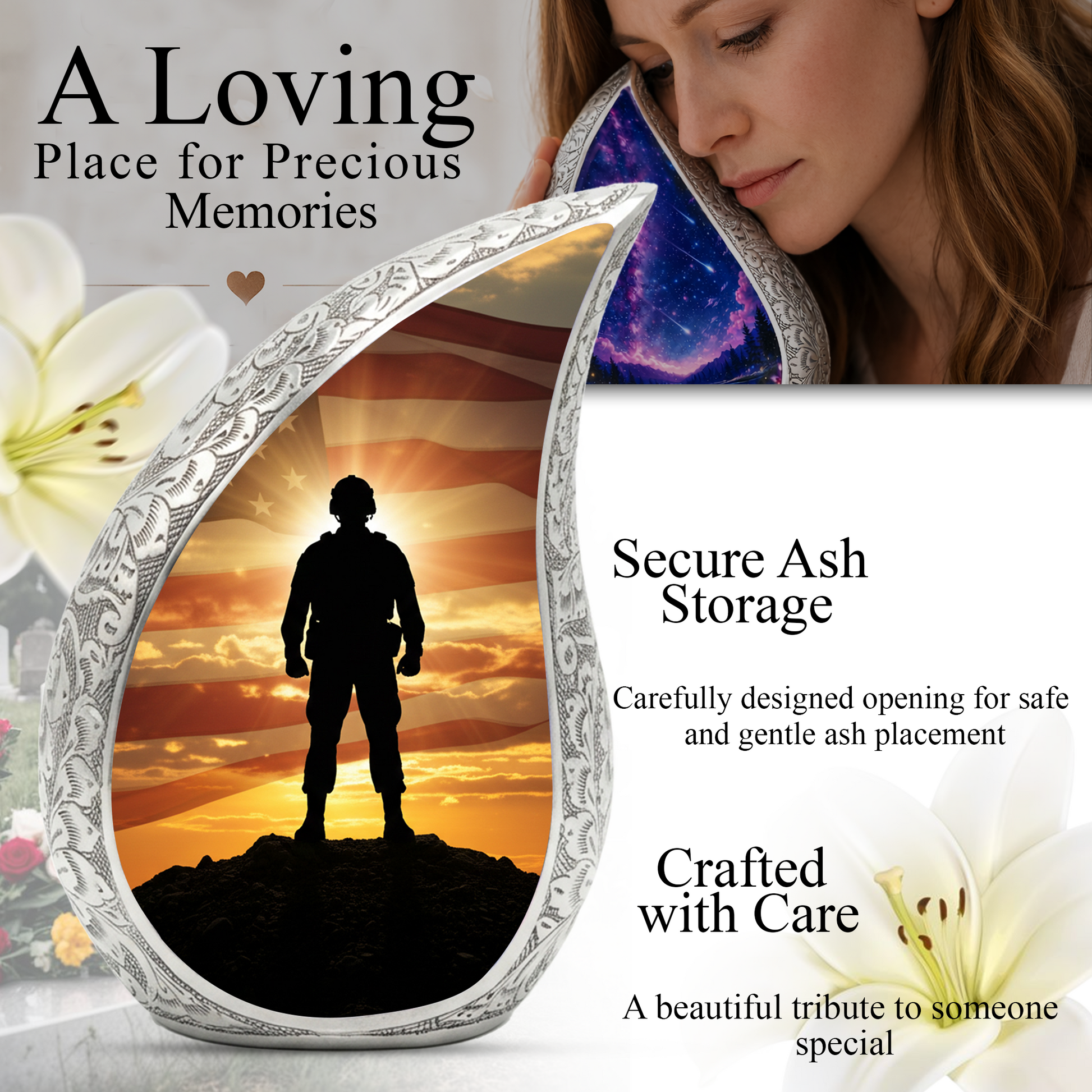 Patriotic Soldier Personalized Cremation Urn – Teardrop Style Aluminum Memorial Urn, 10 Inch