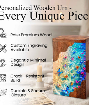 Butterfly Wooden Cremation Urn | Wooden Urn for Human Ashes | Ocean Butterfly Urn
