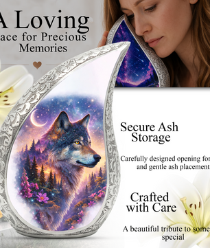 Personalized Wolf Dog Cremation Urn – Custom Pet Memorial Urn for Dog Ashes, Woodland Wolf Teardrop Aluminum Pet Urn, 10 Inch