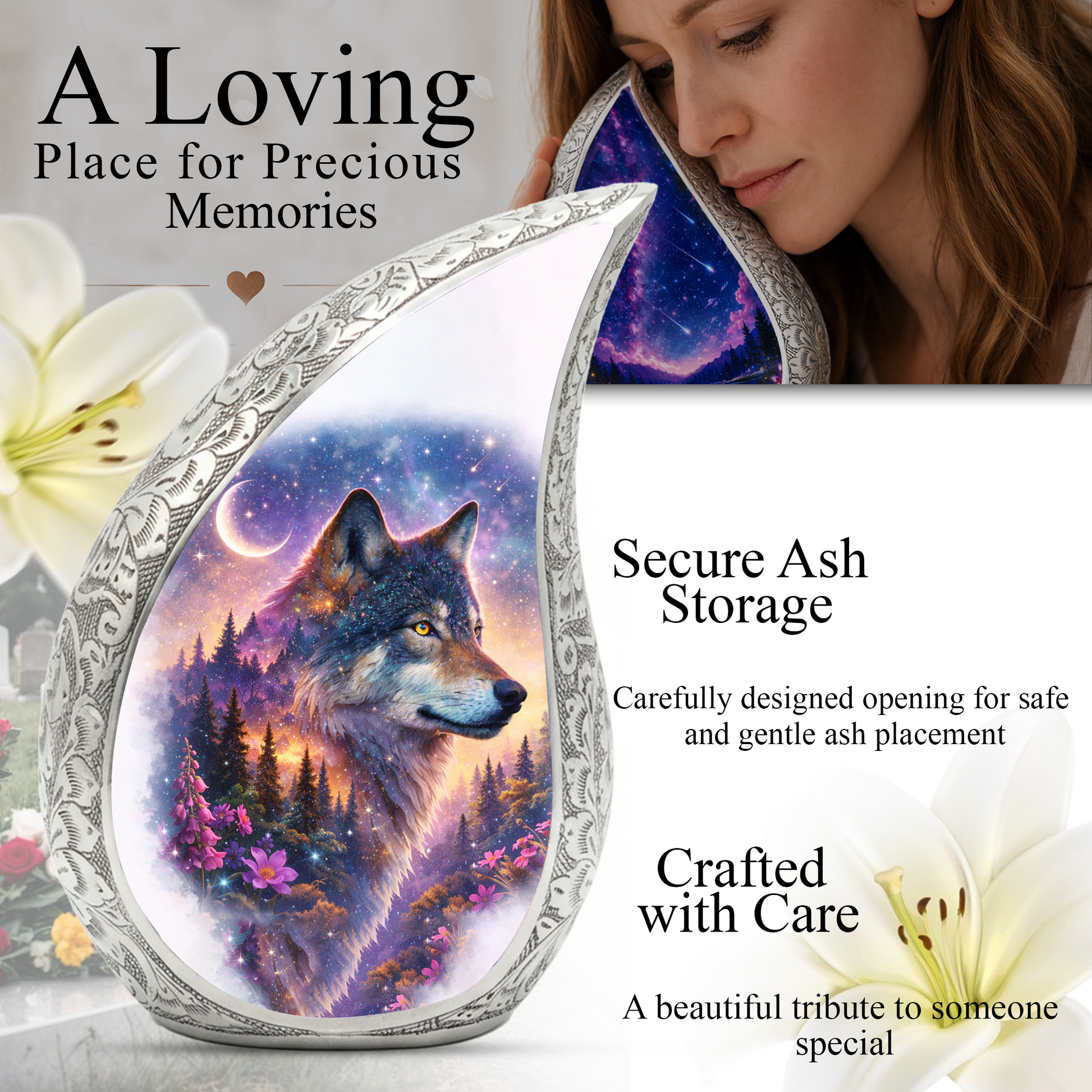Personalized Wolf Dog Cremation Urn – Custom Pet Memorial Urn for Dog Ashes, Woodland Wolf Teardrop Aluminum Pet Urn, 10 Inch