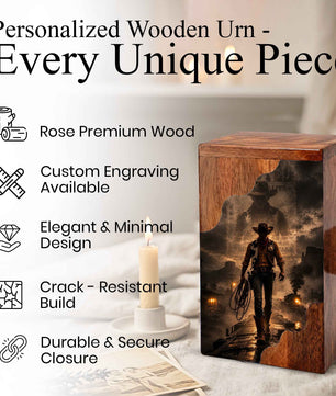 Cowboy Wooden Cremation Urn for Human Ashes | Personalized Western Memorial Urn